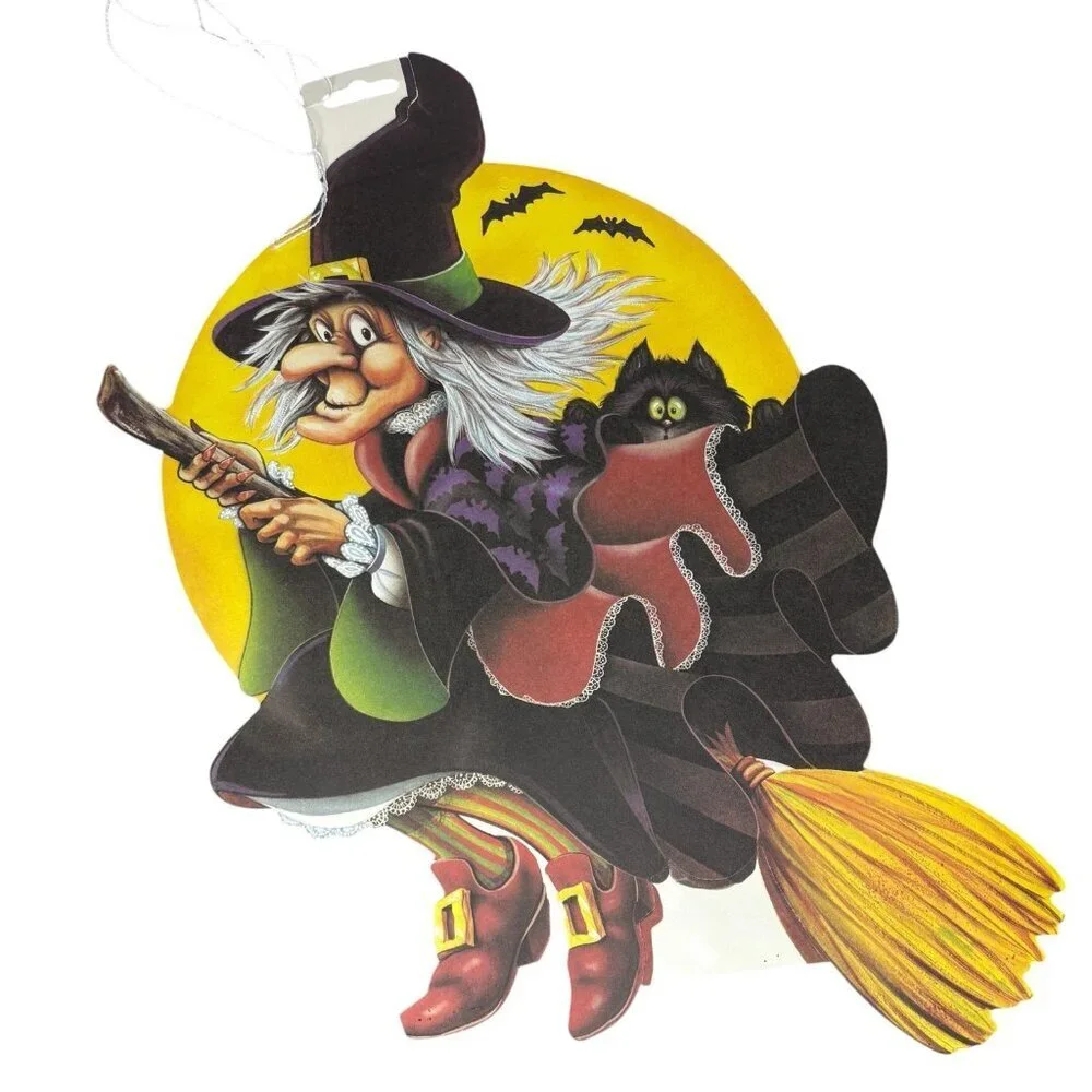 Vintage Beistle Halloween 1983 Die cut Witch Broom Full Moon Bat Cat Decoration